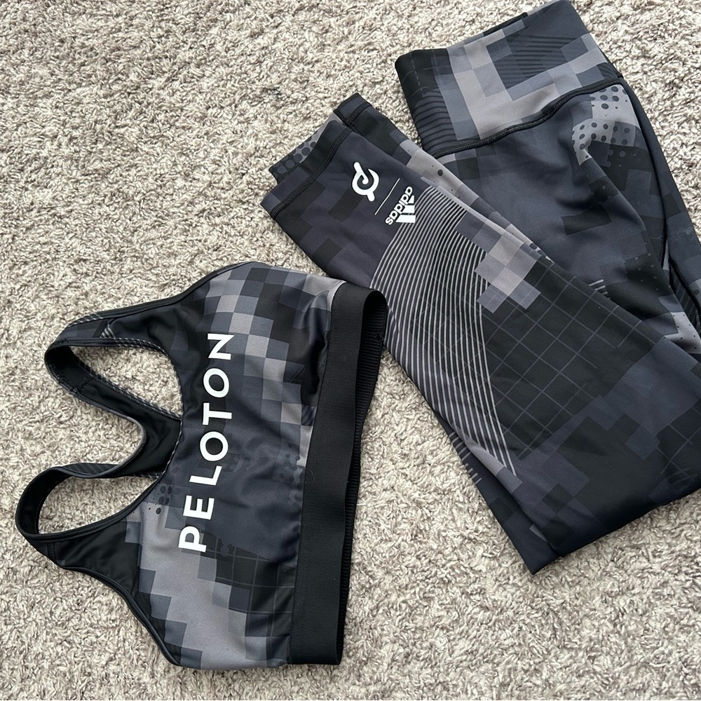 Peloton Black and Gray Sports Bra and Leggings Set